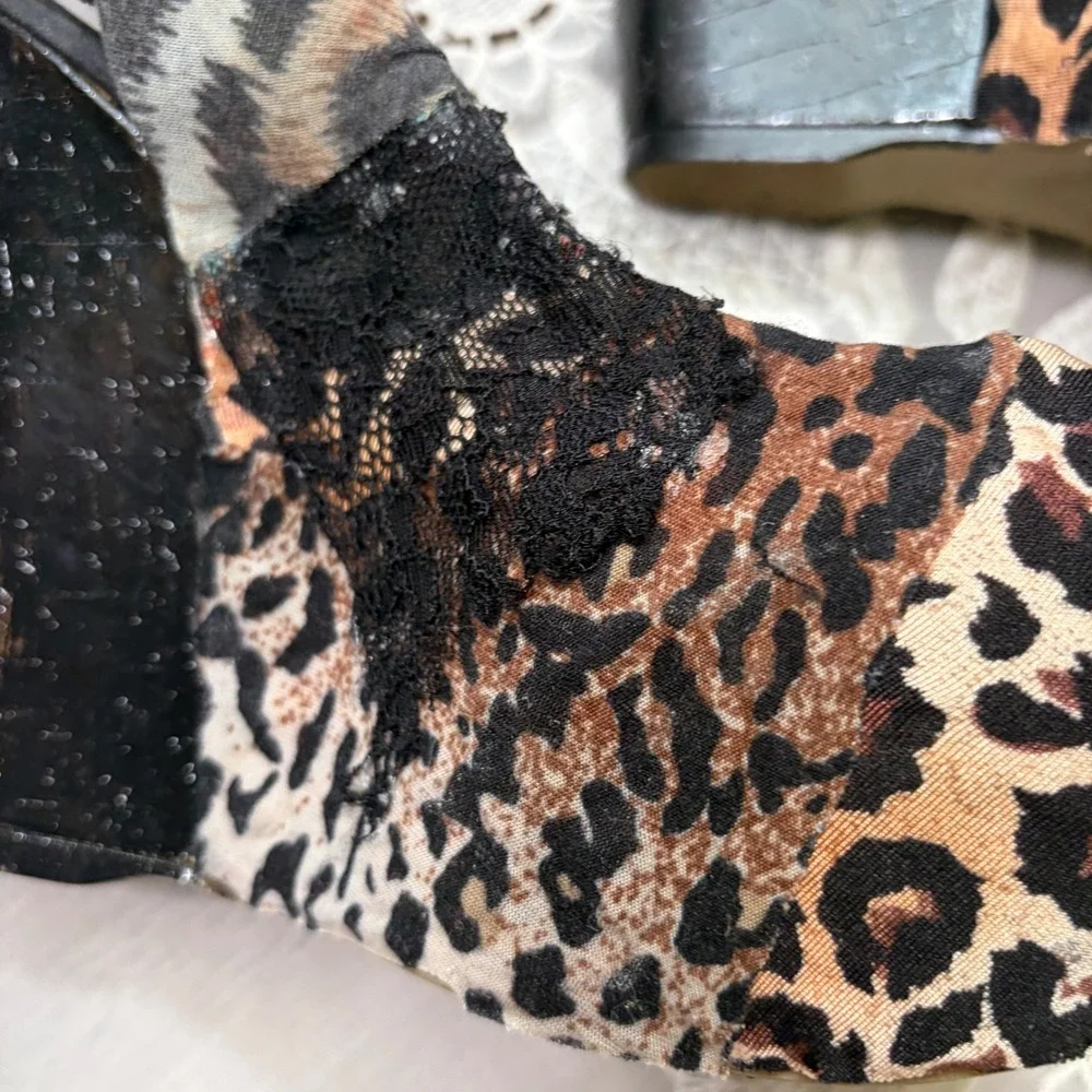Y2K Leopard Print Lace Overlay Wedge Sandals Peep Toe Slingback Heels 7.5